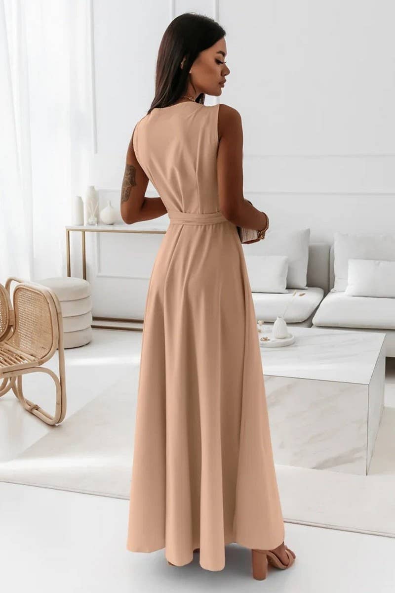 CWDMD4853_LACE-UP V-NECK LONG EVENING GOWN DRESS