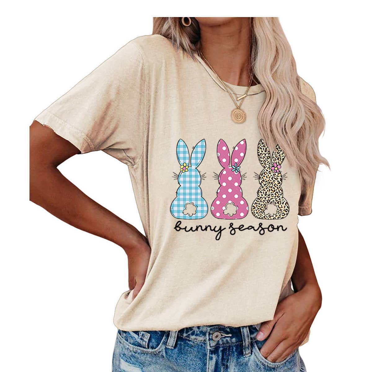 EASTER ROUND NECK LOOSE BUNNY PRINT T SHIRT_CWTTS0856