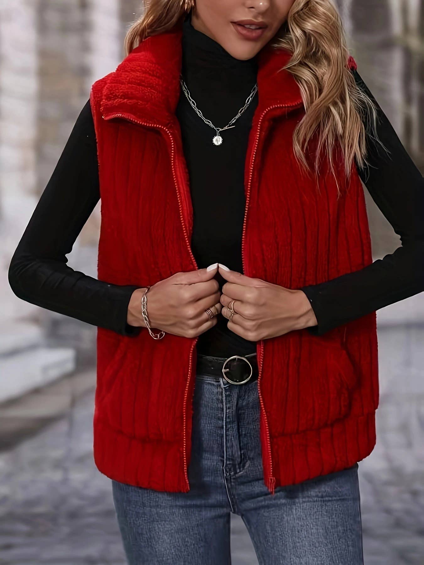 SOLID COLOR VEST COAT WITH PLUSH LAPELS