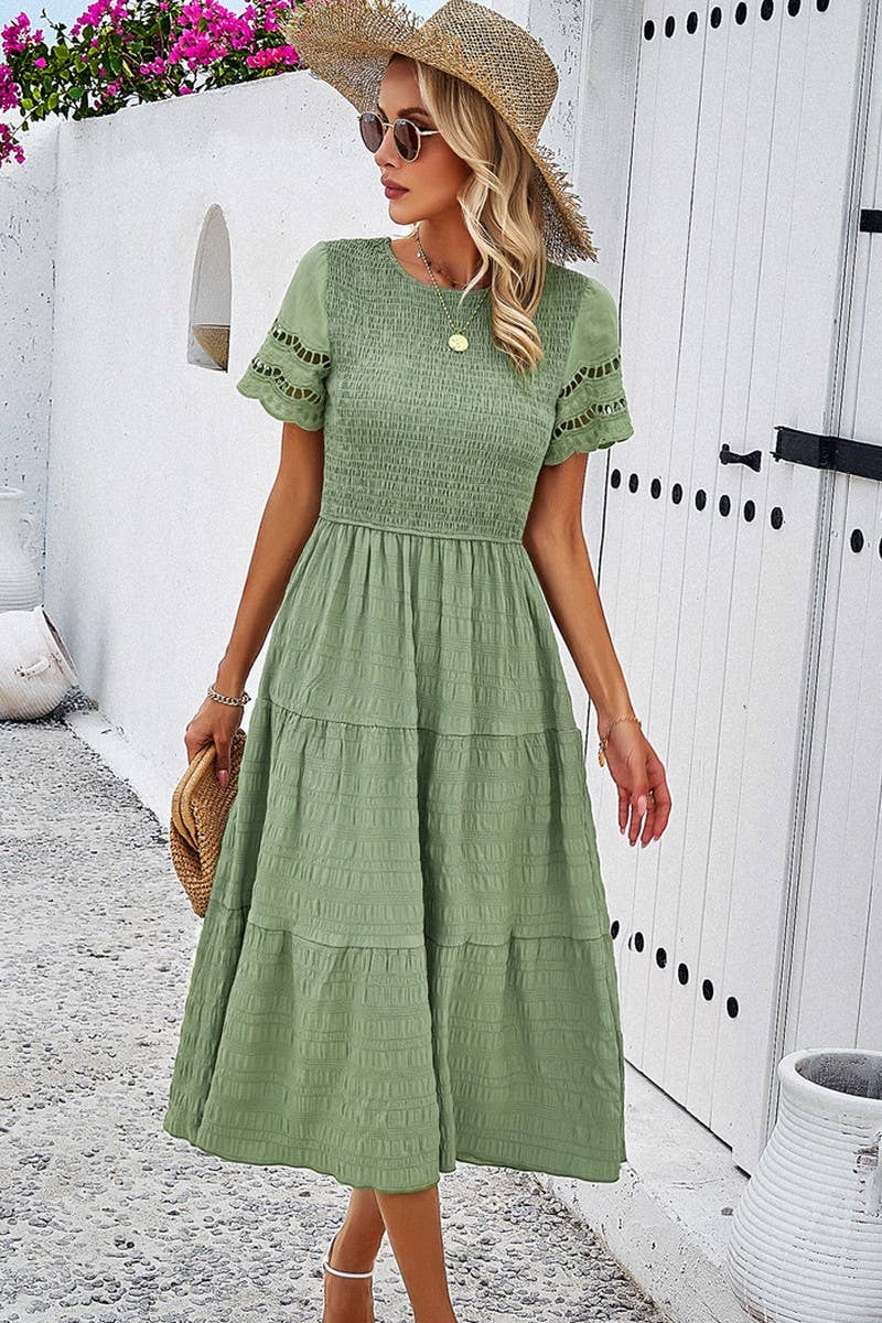 CWDSD2795_Smocking Detailed Short Sleeve Dress