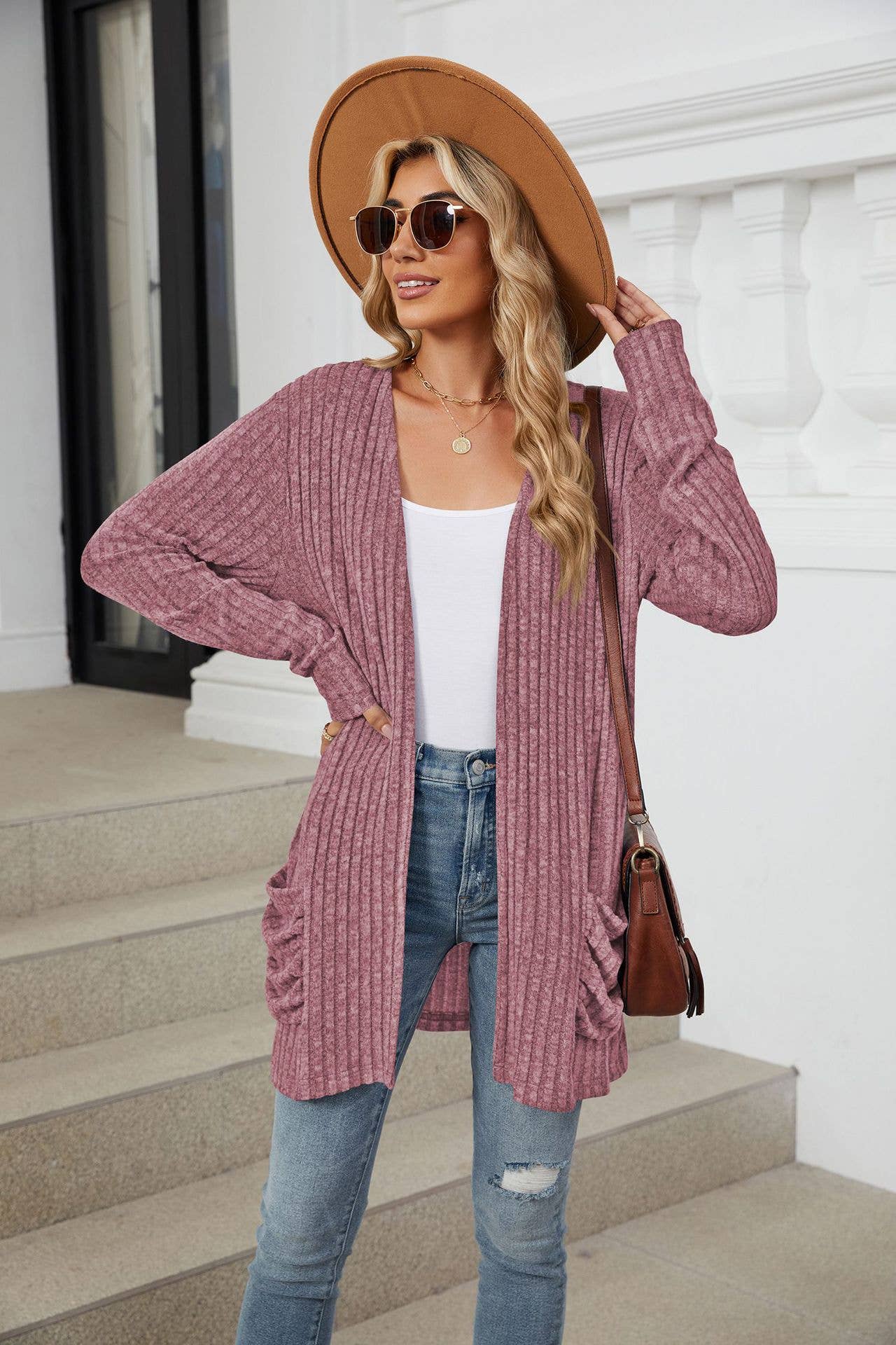 Solid-color casual pocket long-sleeved cardigan