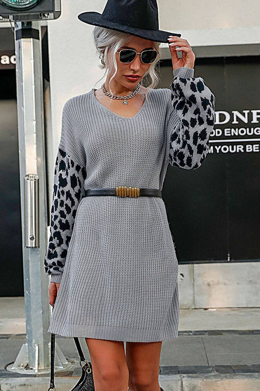 WOMEN COLOR MATCHING LEOPARD V NECK SWEATER DRESS_CWDSD1960