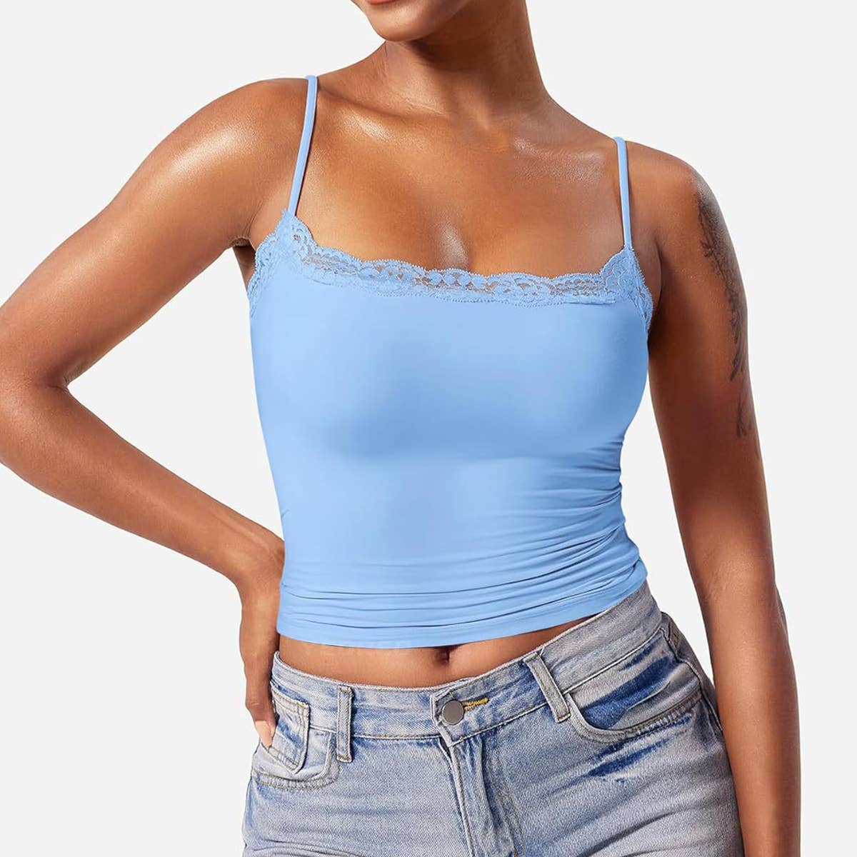 Basic solid color lace-trimmed strappy vest