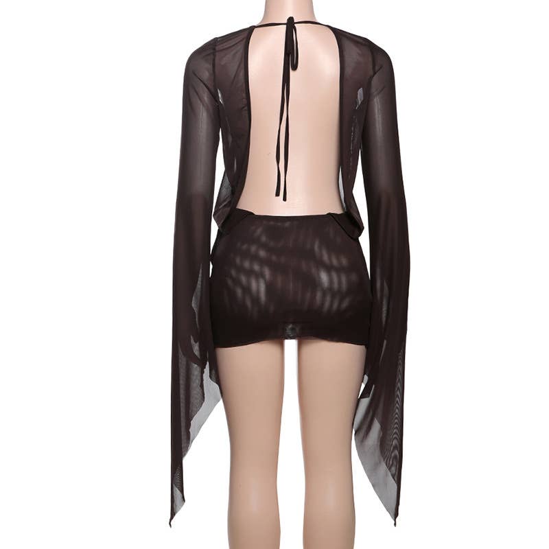 Sexy V-Neck Sheer Backless Strap Bodycon Skirt