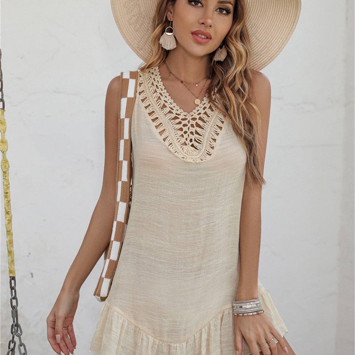 SLEEVELESS FRINGE BEACH SWIMSUIT COVER-UP_CWASC2380