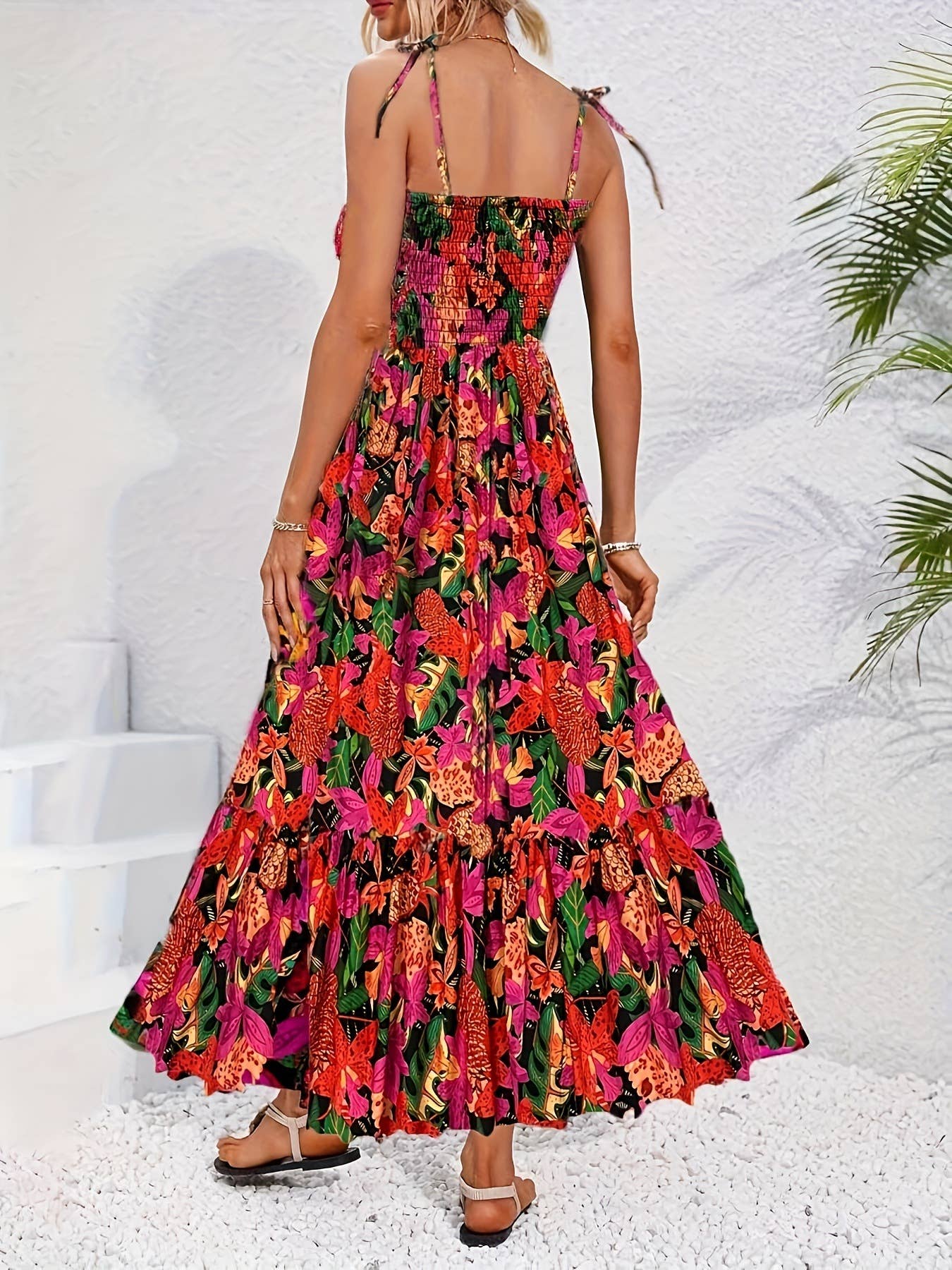Printed halter backless vacation-style dress