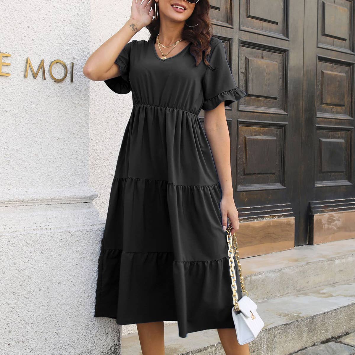 V-NECK TIERED CHIFFON DRESS