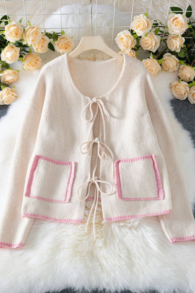 CWOCAL00719_COLORBLOCK BOW TIE LOOSE KNIT CARDIGAN TOP