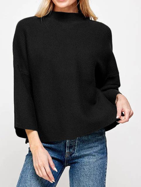 KNIT SOLID COLOR SWEATER WITH NINE-POINT SLEEVES