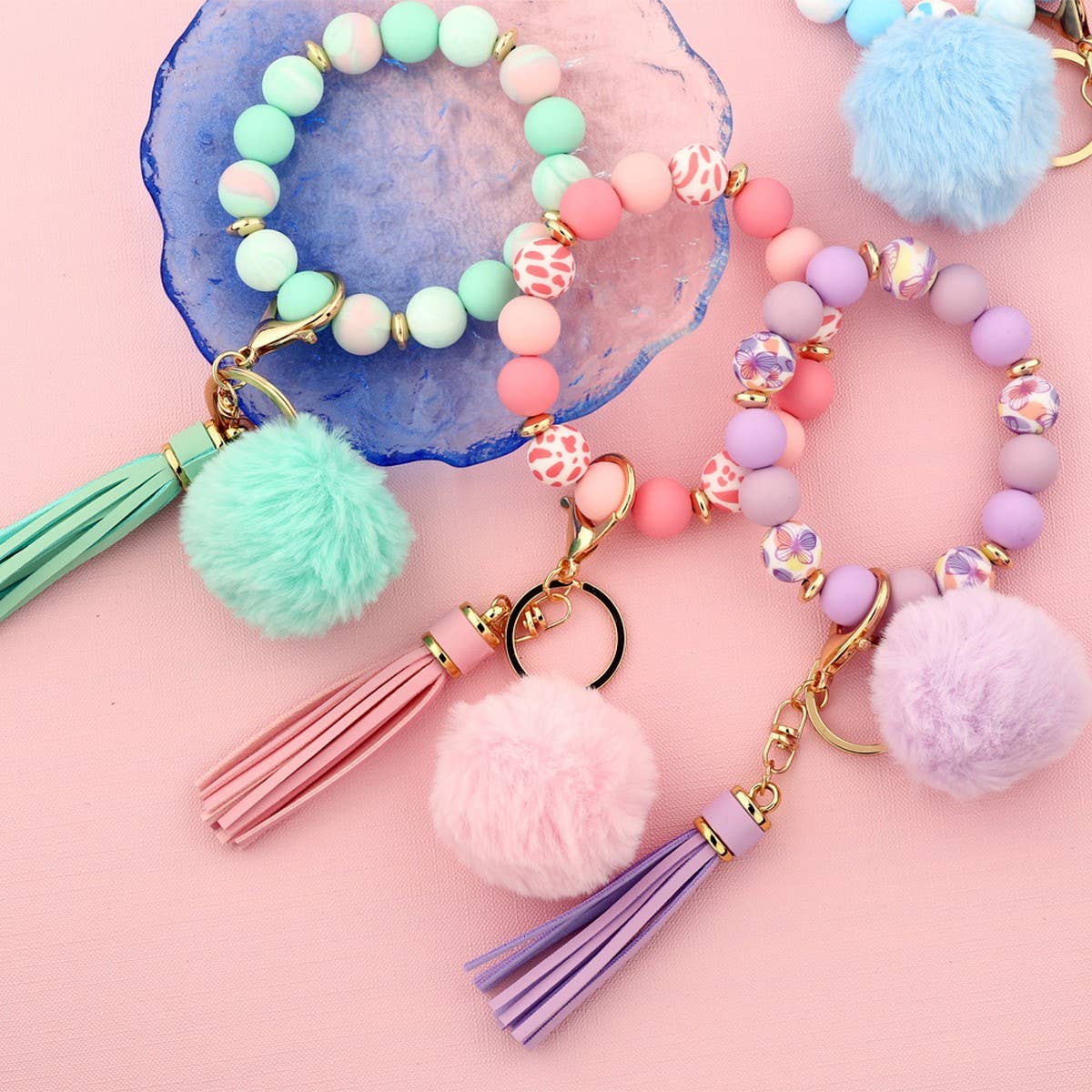 Pom-pom Tassel Keychain Silicone Bead Bracelet_CWAB5016