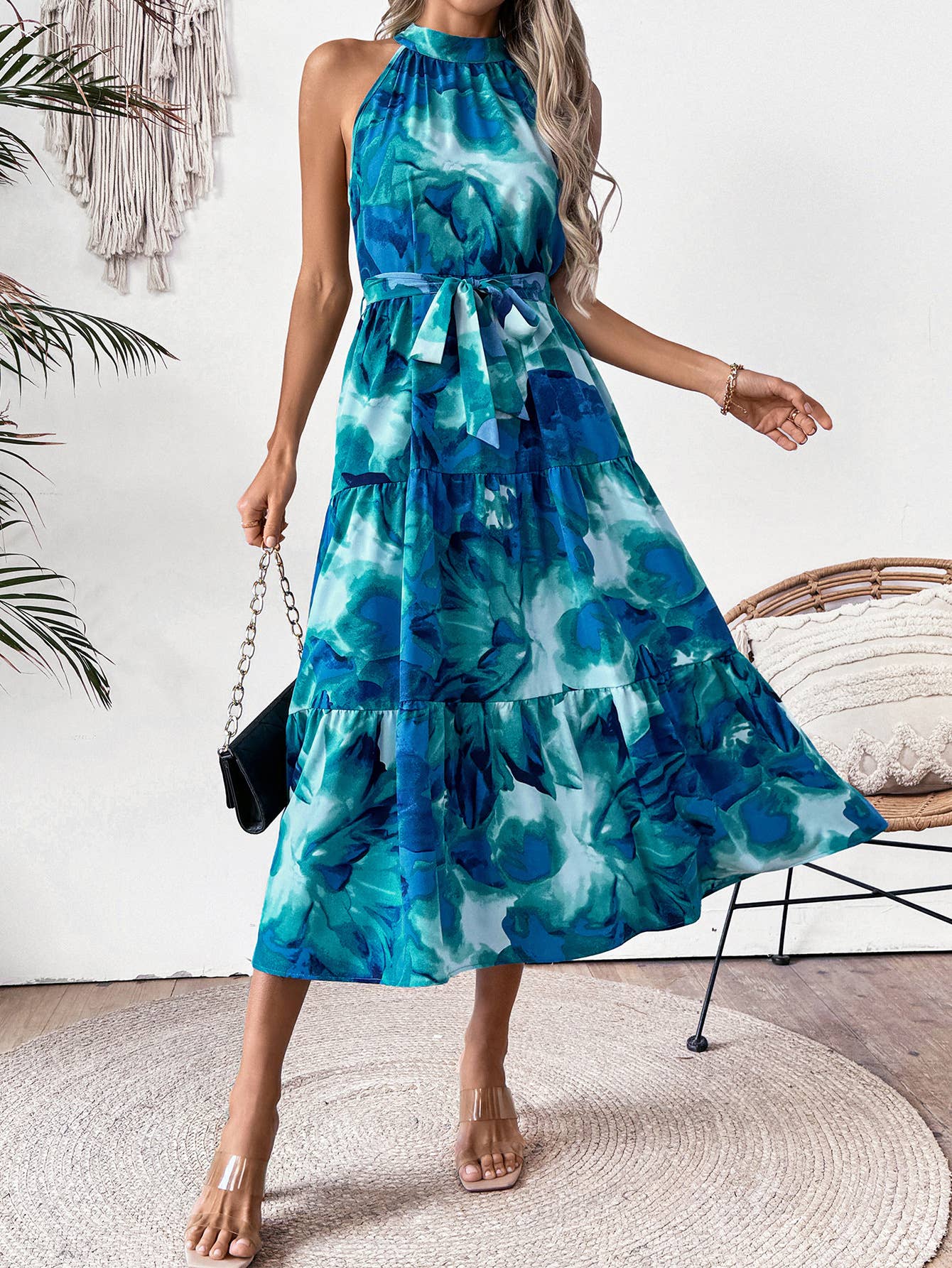 Fashion elegant printed halter sleeveless dress