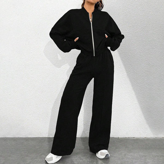 Two-piece set of zippered cardigan and trousers