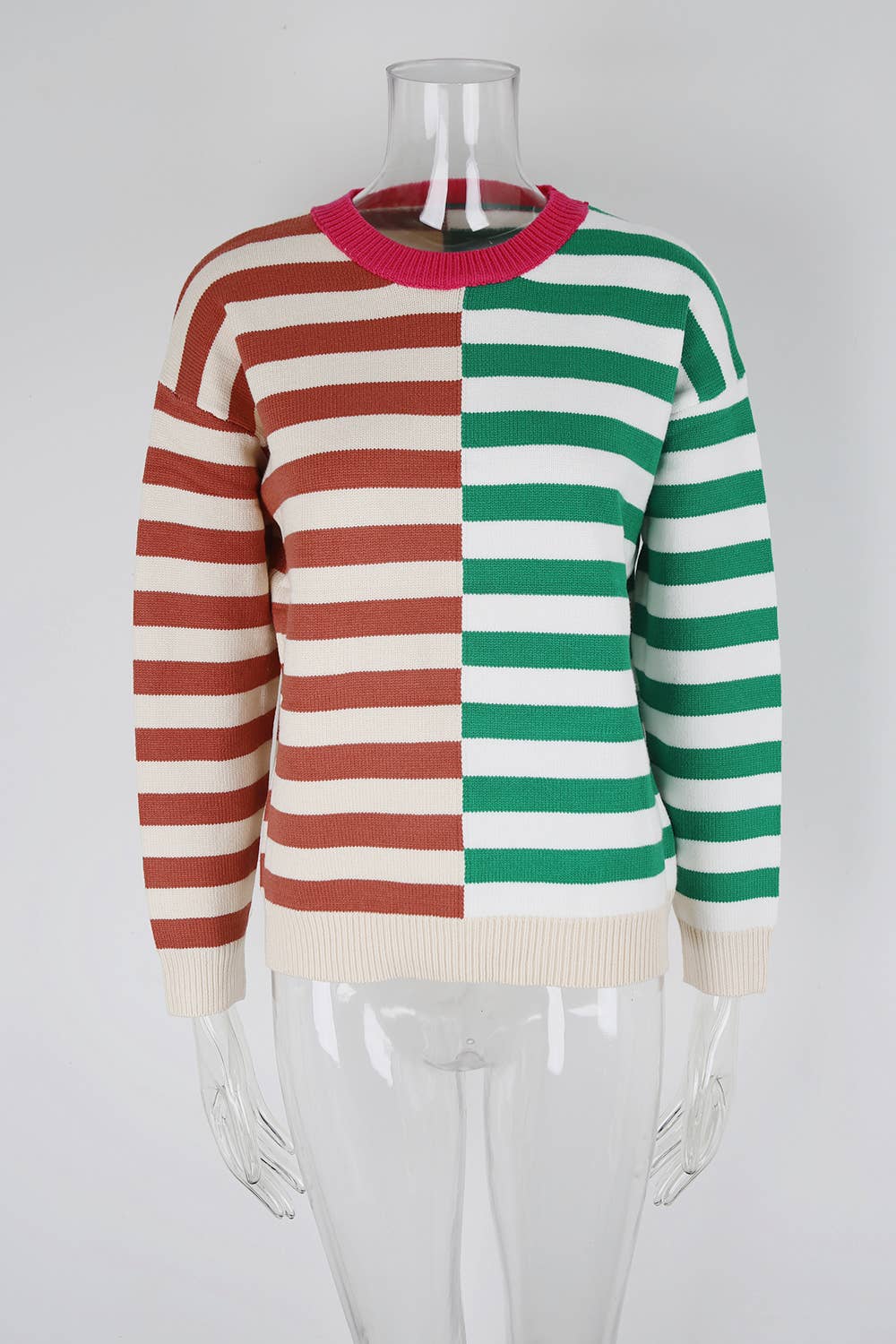 Round-neck stripe color-blocking knitted sweater