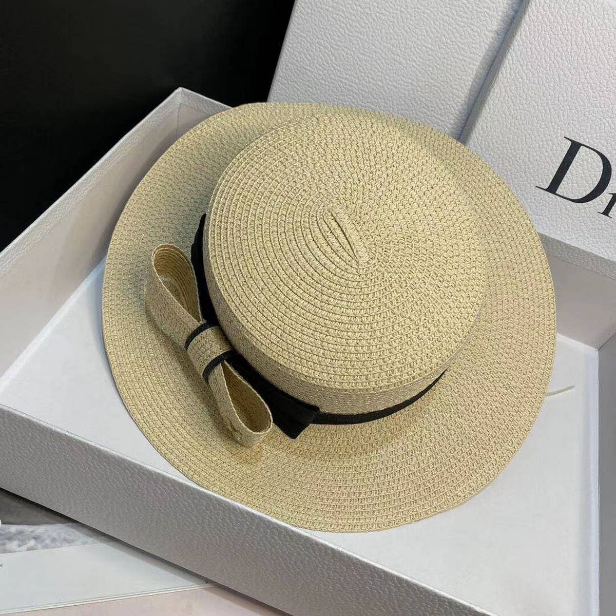 FEDORA STRAW HAT  SIMPLE BOW FLAT TOP ELEGANT WOMEN_CWAH1155