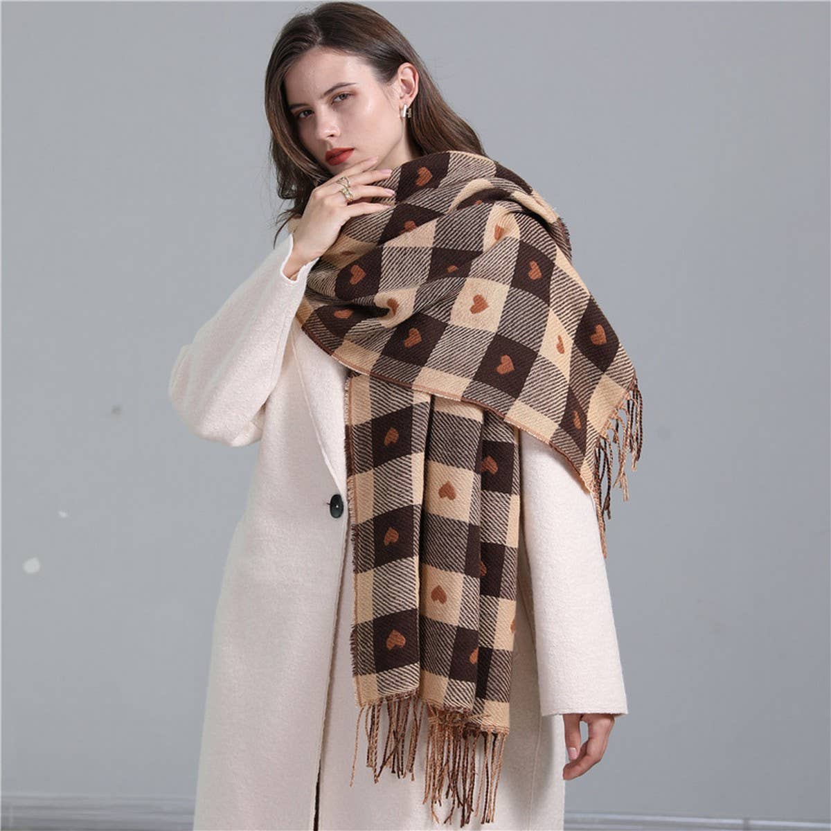 Plaid Scarf - Heart Colorblock Tassel Winter Shawl_CWASC0980