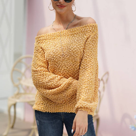 Line neck long sleeve solid color pullover sweater