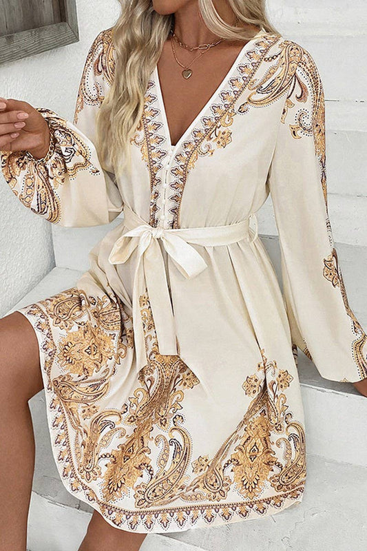 CWDMD01043_BOHO V-NECK TIE WAIST PAISLEY LONG SLEEVE DRESS