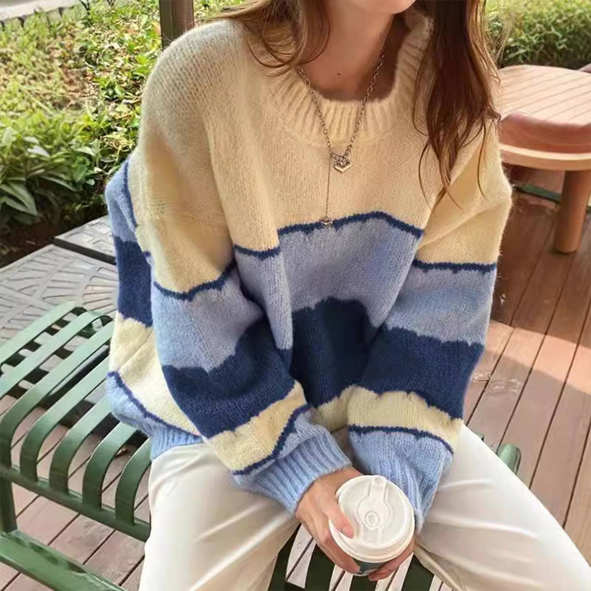Striped slouchy casual all-in-one knit sweater