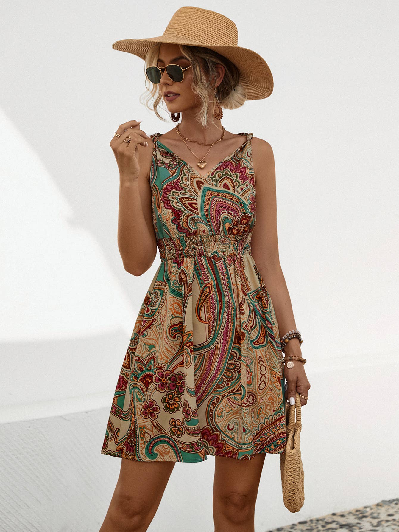 V-neck knotted print wrap dress