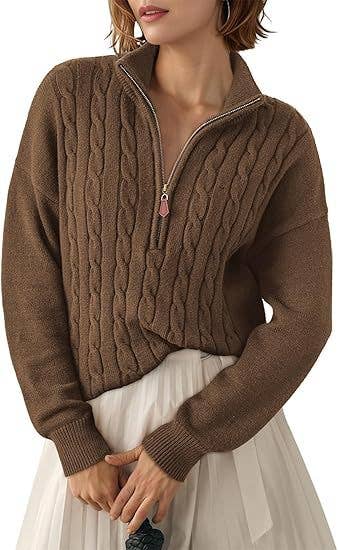 Semi-high neck zipper ribbed twist knit sweater