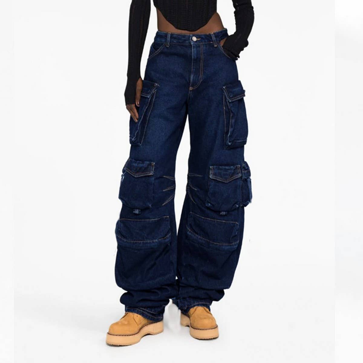 MULTI POCKET LOOSE WIDE LEG CARGO PANTS JEANS
