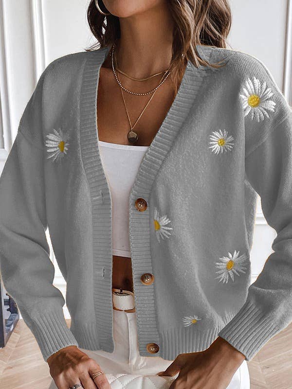 LITTLE CHRYSANTHEMUM EMBROIDERY V-NECK SWEATER