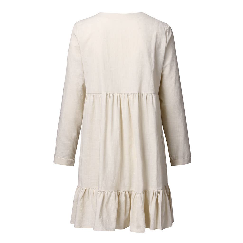 Rivet laced cotton linen long-sleeved dress