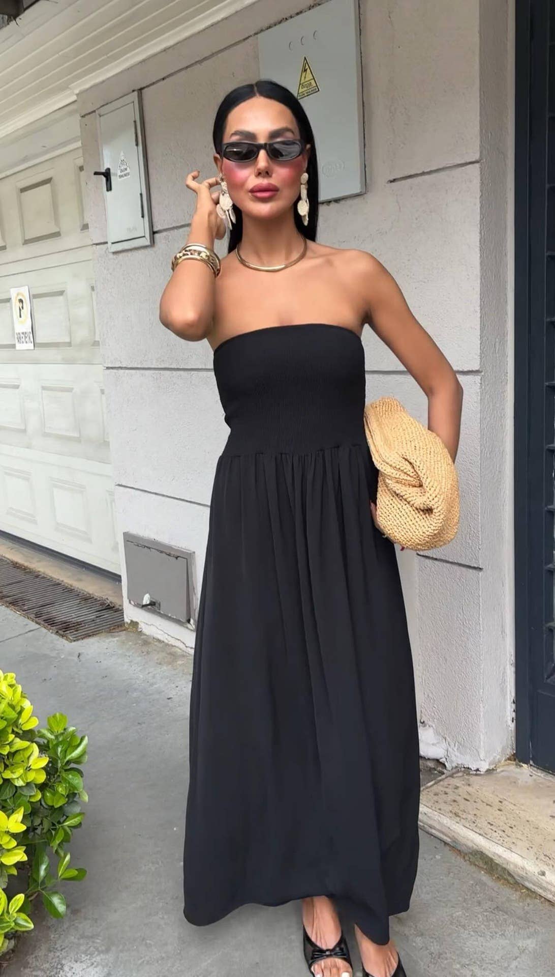 Solid-color strapless waist-cinching long dress