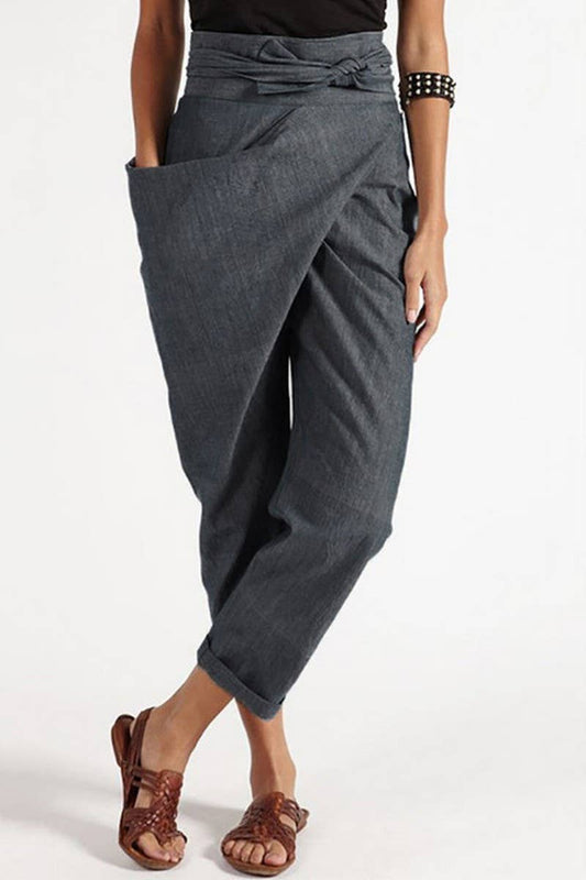 CWBLP1838_IRREGULAR LACE-UP CROPPED PANTS CASUAL PANTS