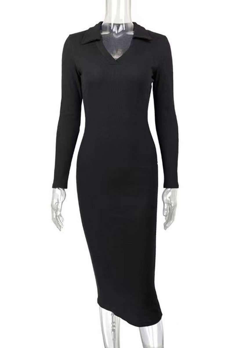 CWDMD4901_SOLID COLOR DEEP V LAPEL SLIM DRESS