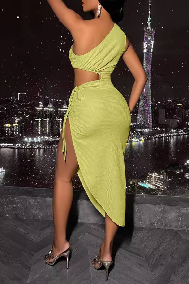 CWDSD5016_SUMMER SEXY NECKLINE CUTOUT LACE-UP DRESS SHORT