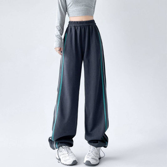 ATHLEISURE STRIPED HIGH WAIST STRAIGHT LEG SLACKS