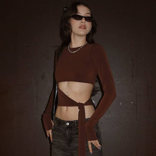 STYLISH SEXY SPICE CREW NECK LACE-UP T-SHIRT