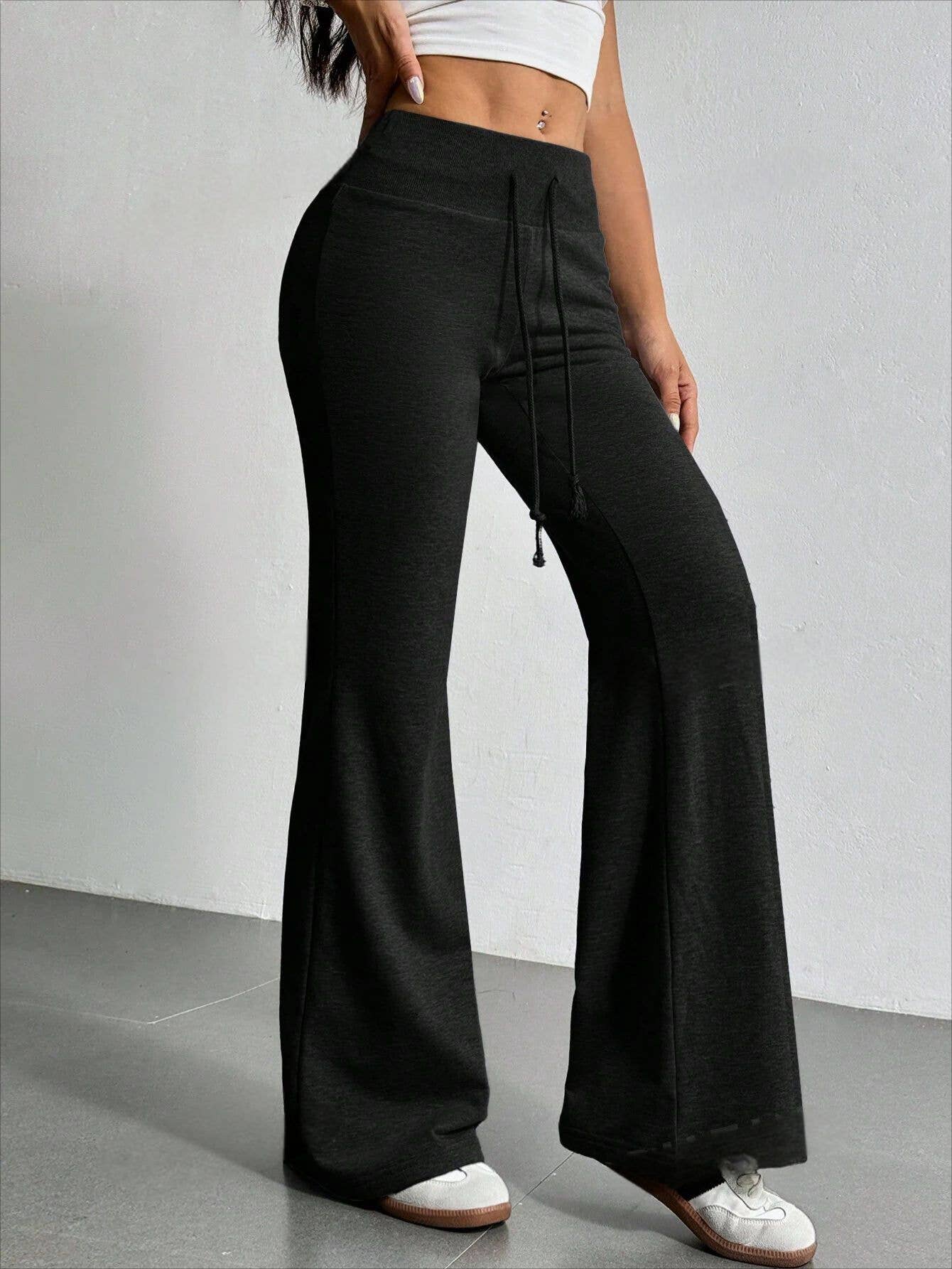 DRAWSTRING HIGH-WAISTED SOLID COLOR BELL BOTTOMS