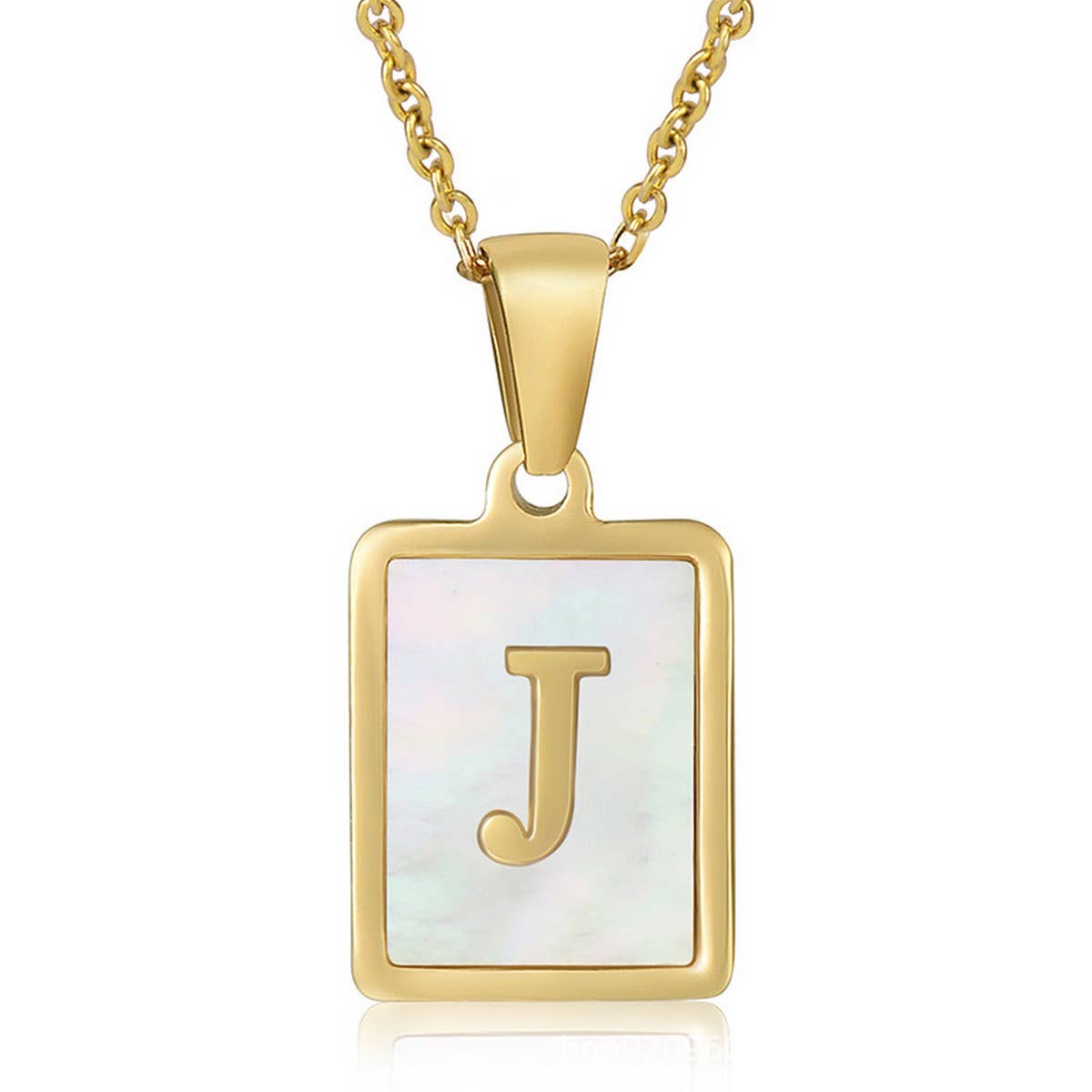 CWAJE1917_Square Stainless Steel White Shell Letter Necklace