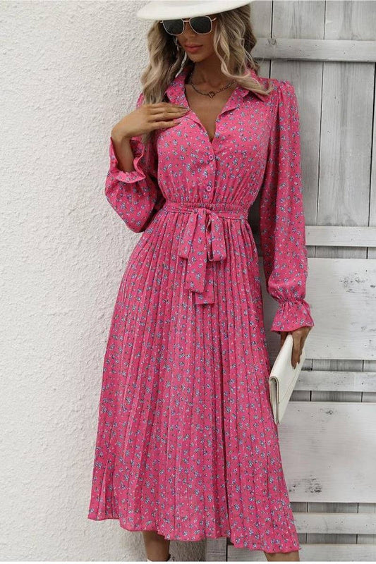 CWDMD4102_TIE-STRAP PLEATED LONG-SLEEVED SWING DRESS