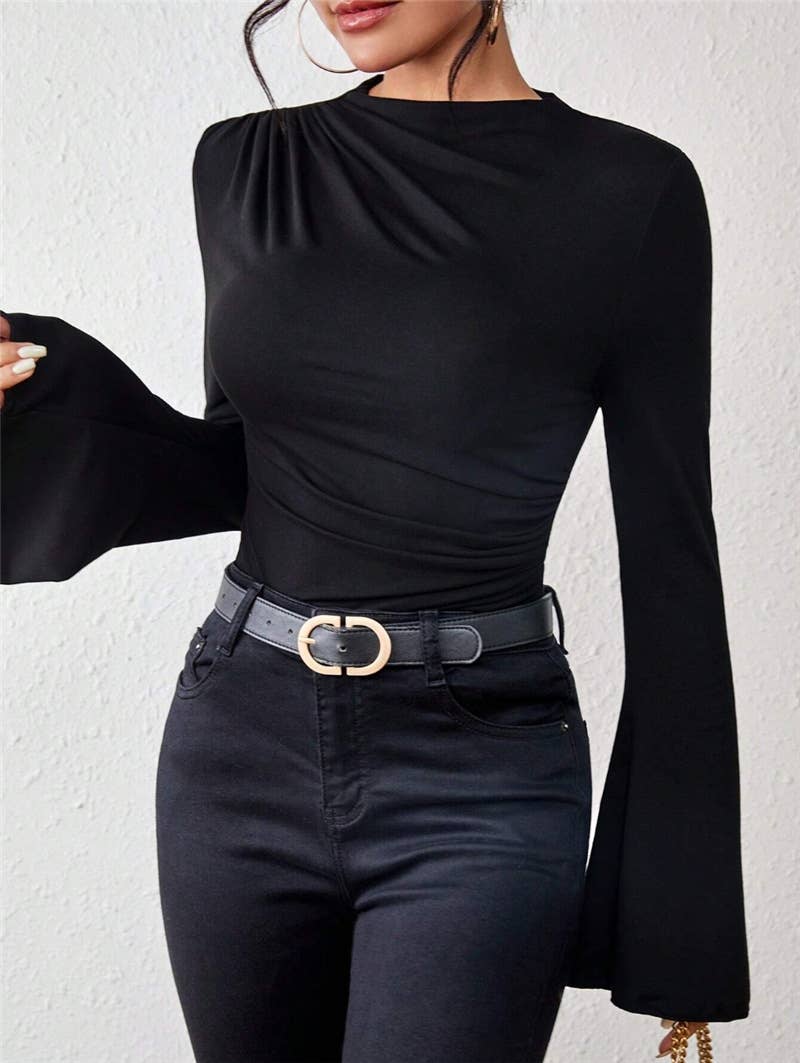 Stylish flared sleeve stand-up collar T-shirt