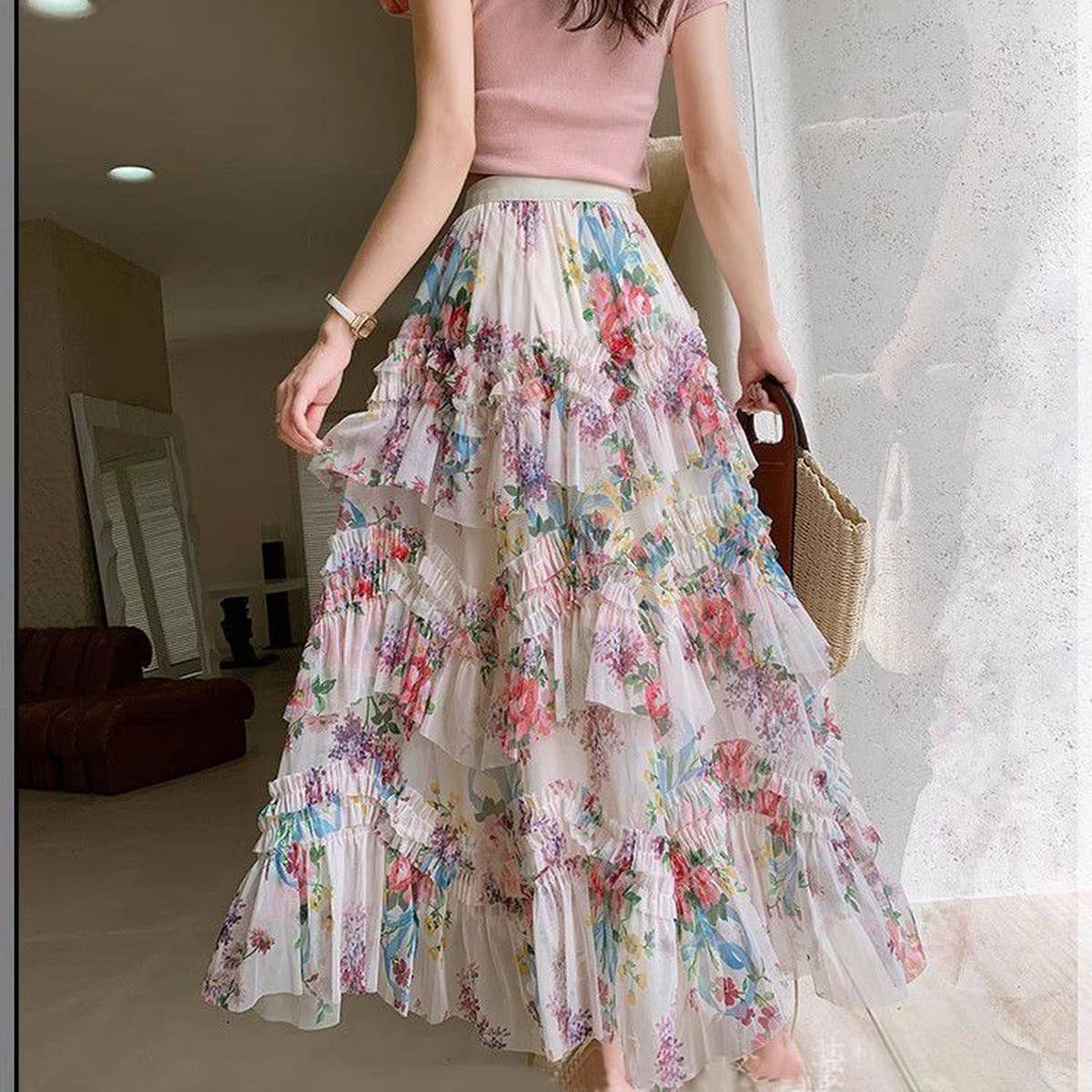 COLORFUL FLORAL MESH PRINT PLEATED TULLE SKIRT