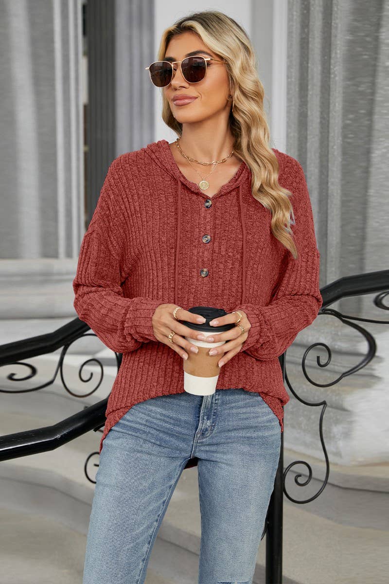 CWOHOL1093_SOLID COLOR HOODED BUTTON LOOSE SWEATSHIRT