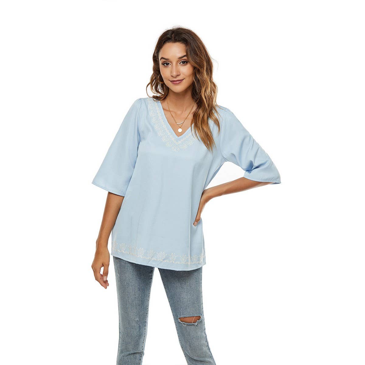 Solid color pullover V-neck loose T-shirt