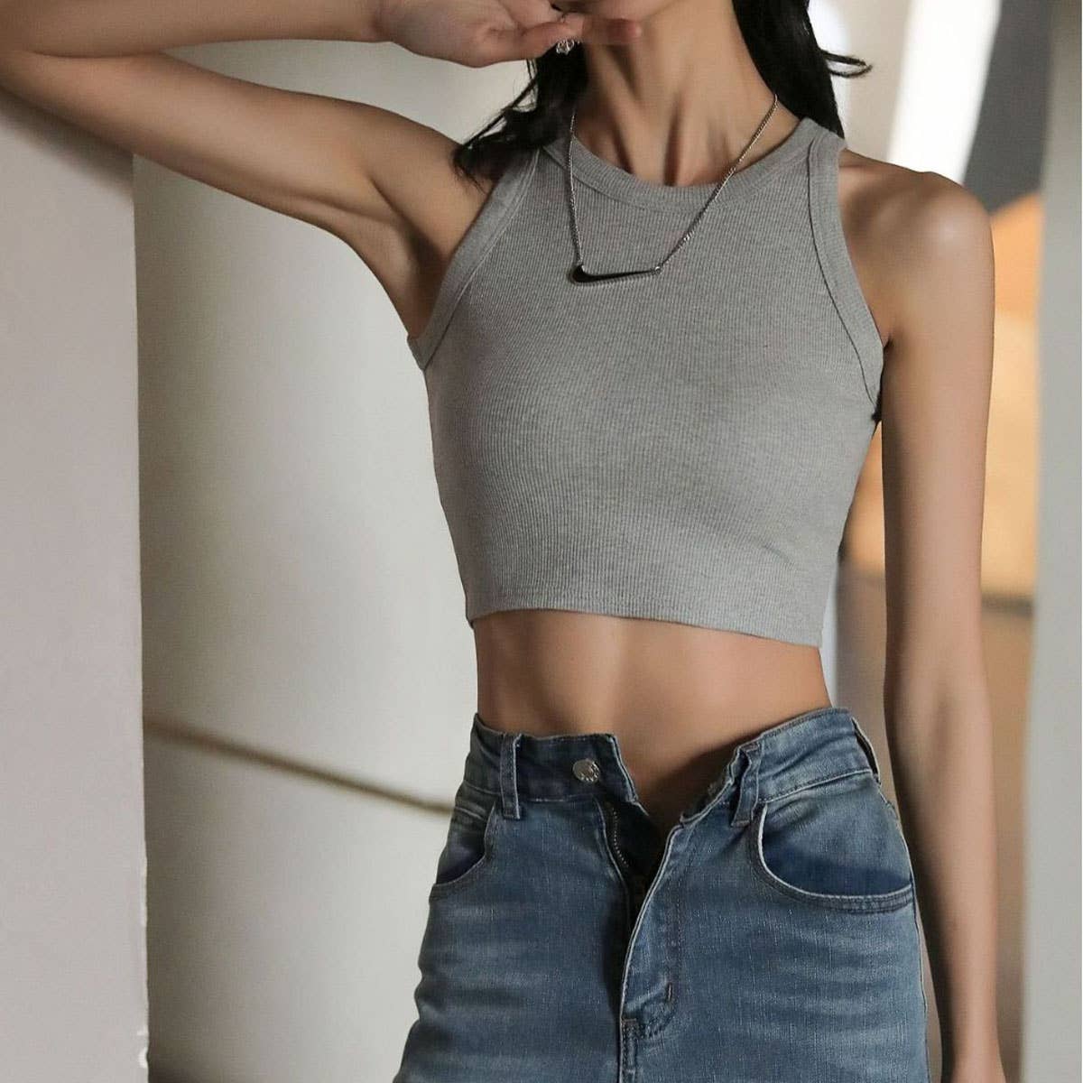 Short Base Ribbed Camisole High Neck Tanks
