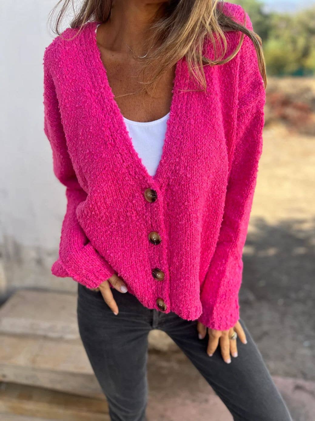 STYLISH SOLID COLOR SINGLE-BREASTED KNIT SWEATER