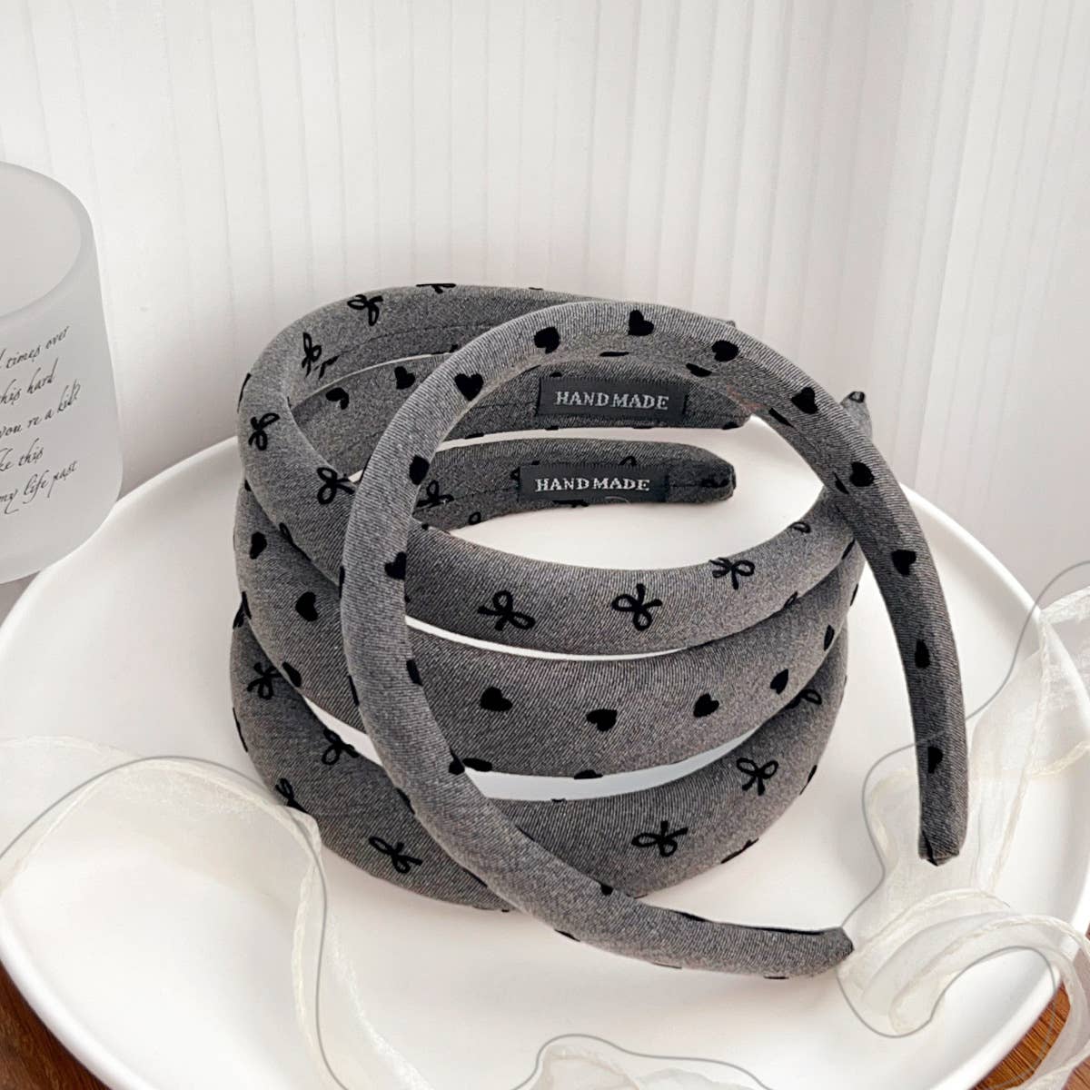 French bow denim style pleated fabric hair band