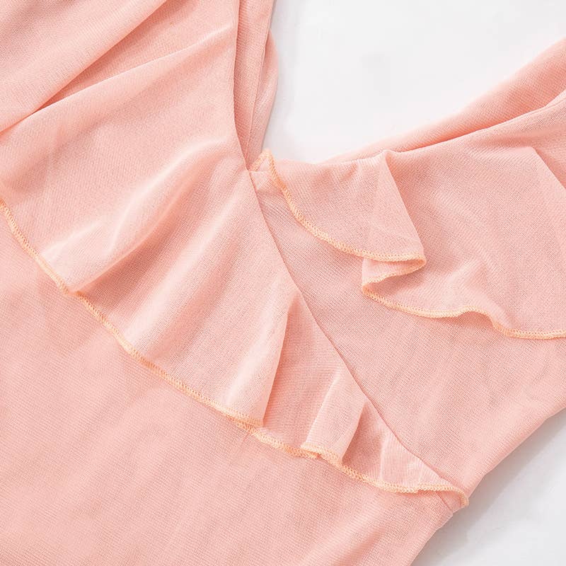 Ruffled V-Neck Mesh Backless Midi Dress