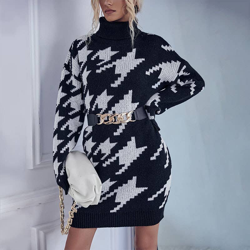 TURTLENECK LONG-SLEEVED PLAID SWEATER DRESS