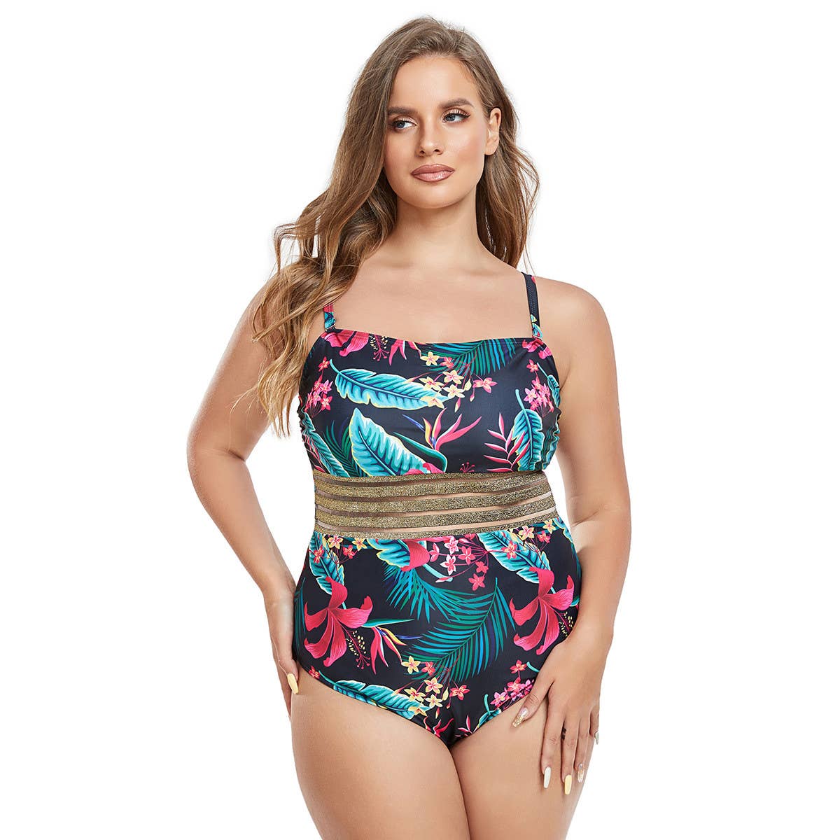 LARGE SIZE PATCHWORK ONE-PIECE SWIMSUIT