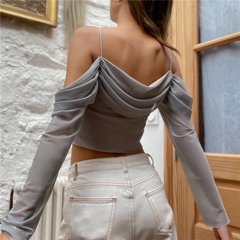 Fashionable one-shoulder strappy see-through top