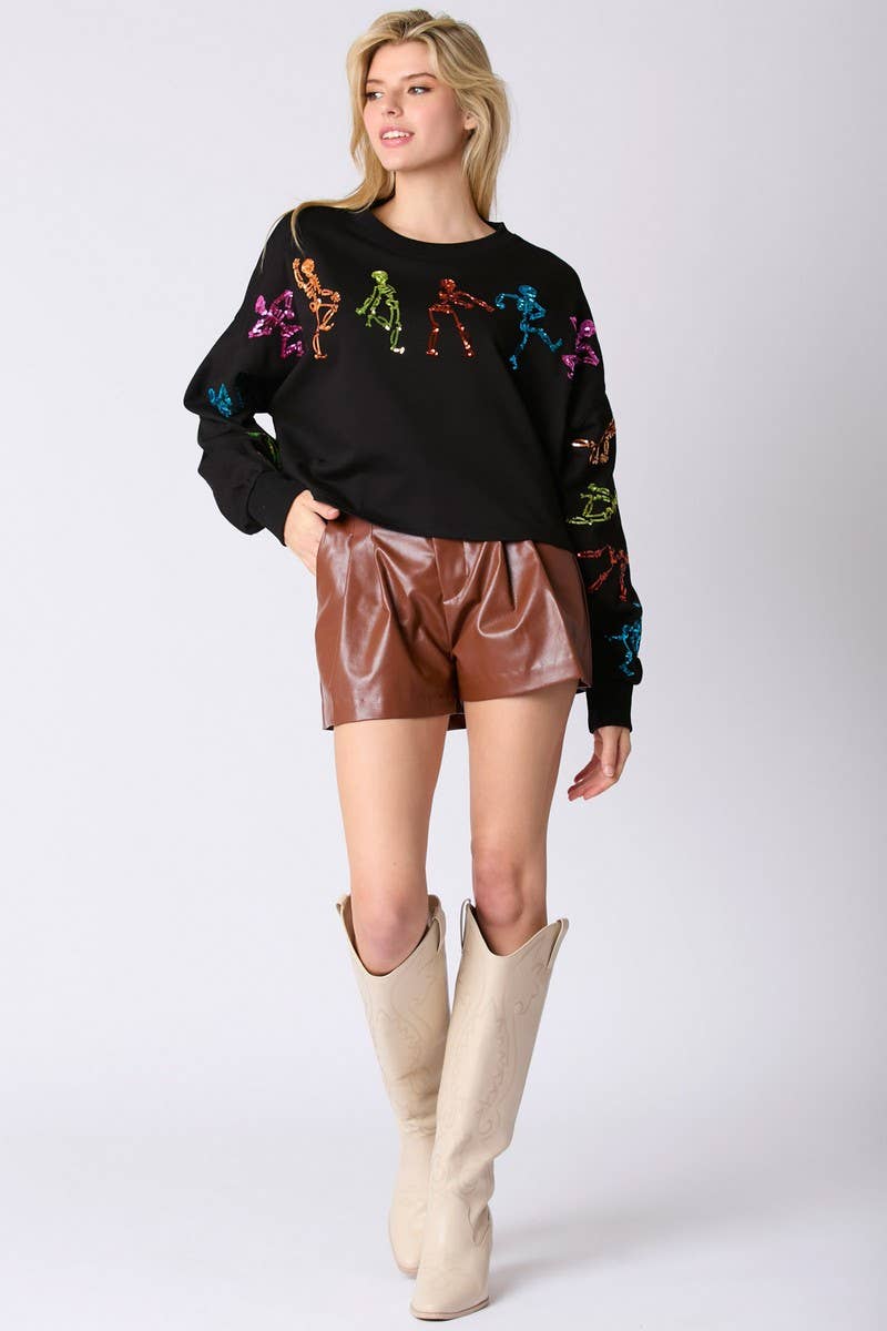CWOSWL07752_HALLOWEEN SKELETON SEQUIN TOP LOOSE SWEATSHIRT