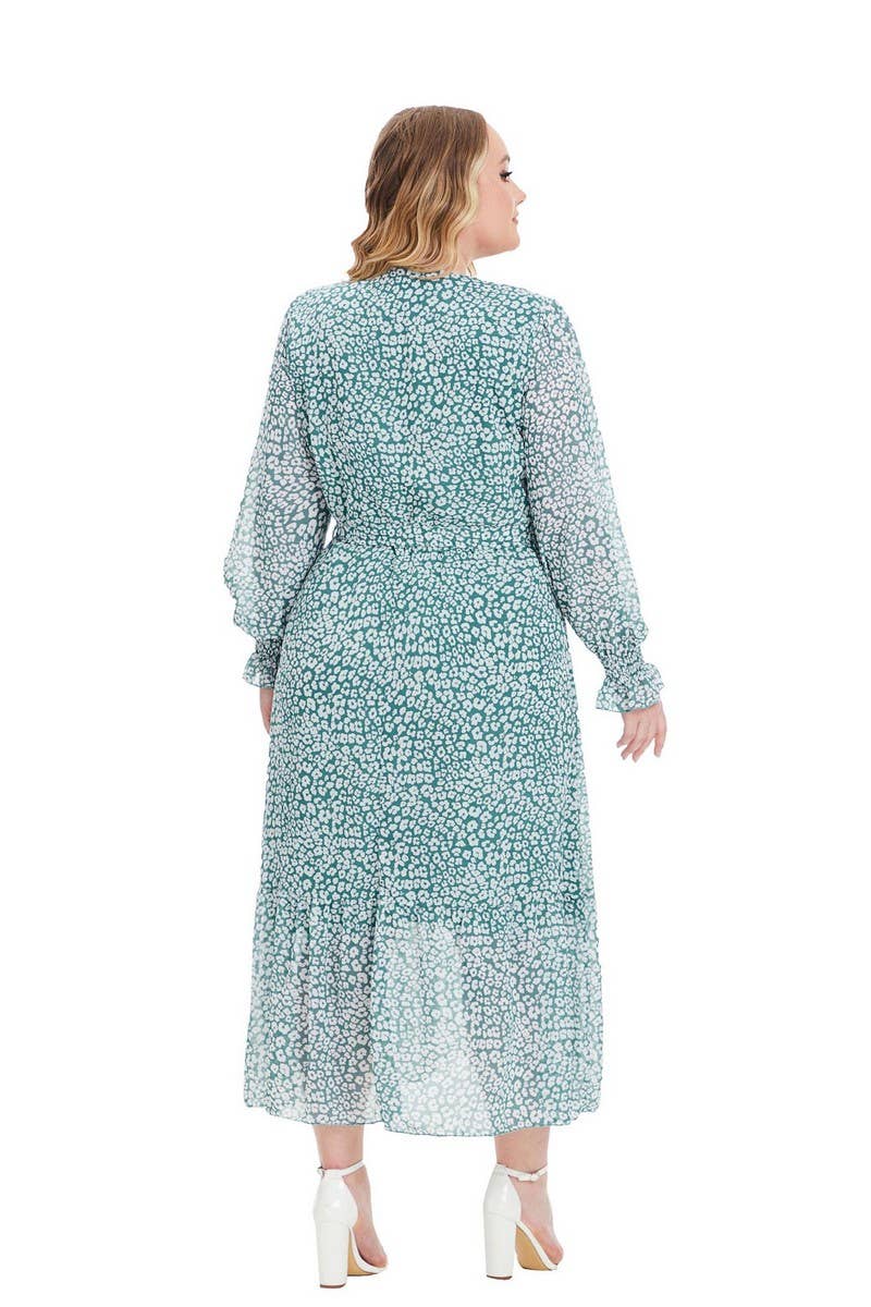CWDMD3240_PLUS SIZE V NECK LONG SLEEVE FLORAL DRESS