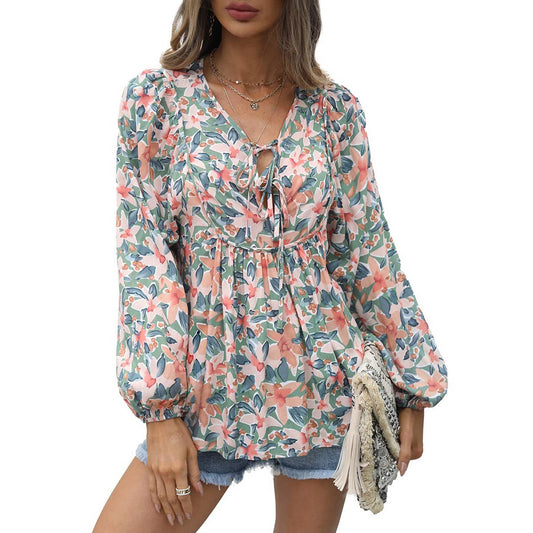 Lace-up printed loose shirt for women
